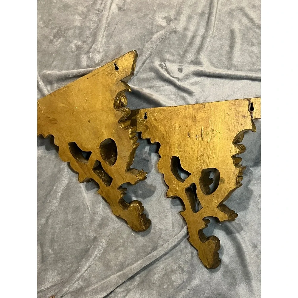 Pair Ornate Gold Wall Shelf Corbel Brackets Baroque Acanthus Hollywood Regency
